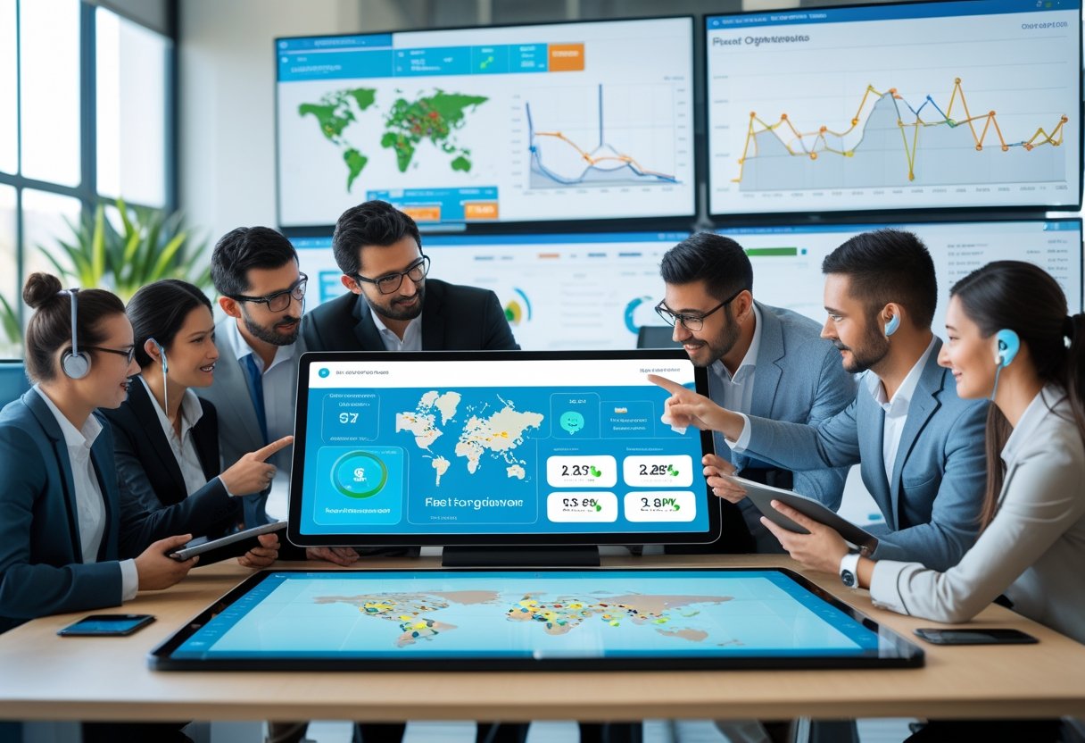 A team of professionals collaborating around a digital touchscreen table showing fleet management data and maps in a modern office.