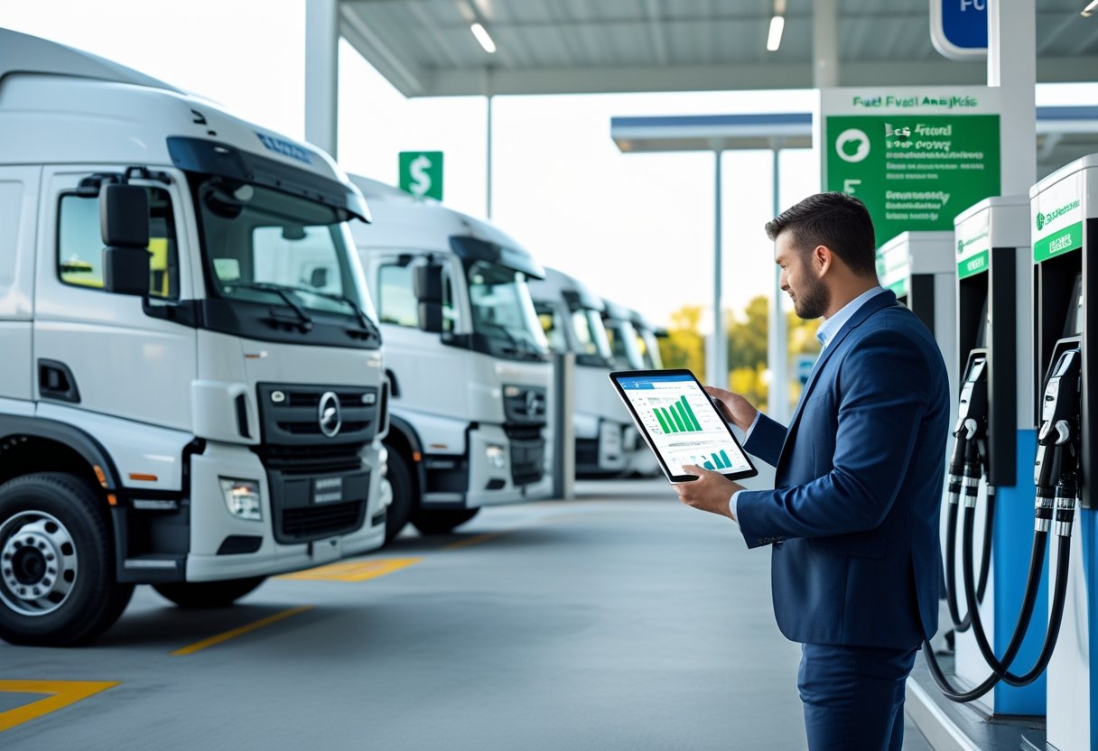 A fleet manager uses a tablet to monitor fuel consumption while commercial trucks refuel at a modern fuel station.