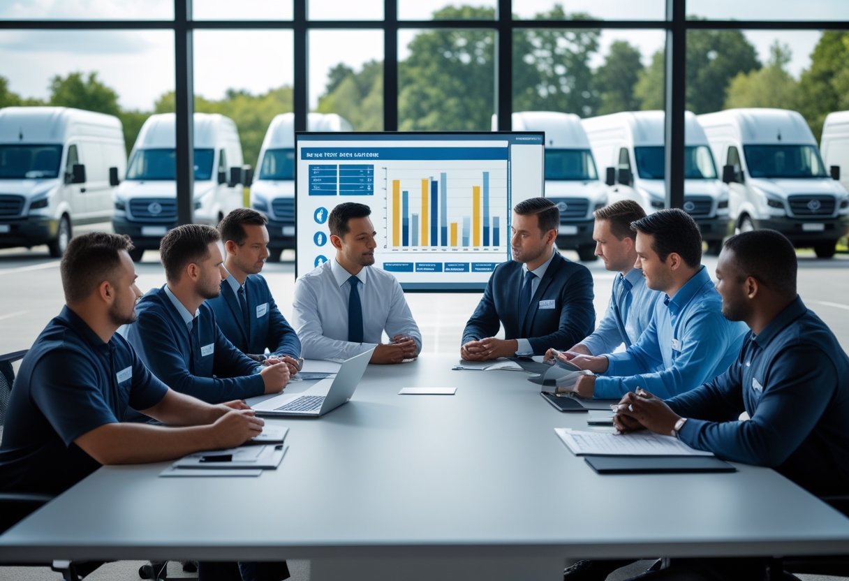 A group of professionals in an office reviewing fleet safety protocols with commercial vehicles parked outside.