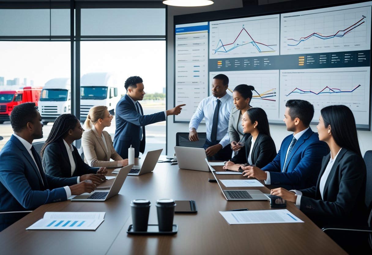 A group of business professionals in a meeting room reviewing charts and maps related to fleet safety with vehicles visible outside the window.