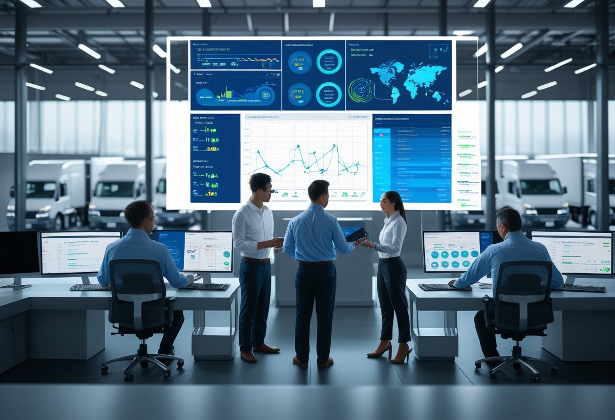 A team of professionals monitors real-time data and vehicle diagnostics on screens in a fleet management control room with trucks visible outside.