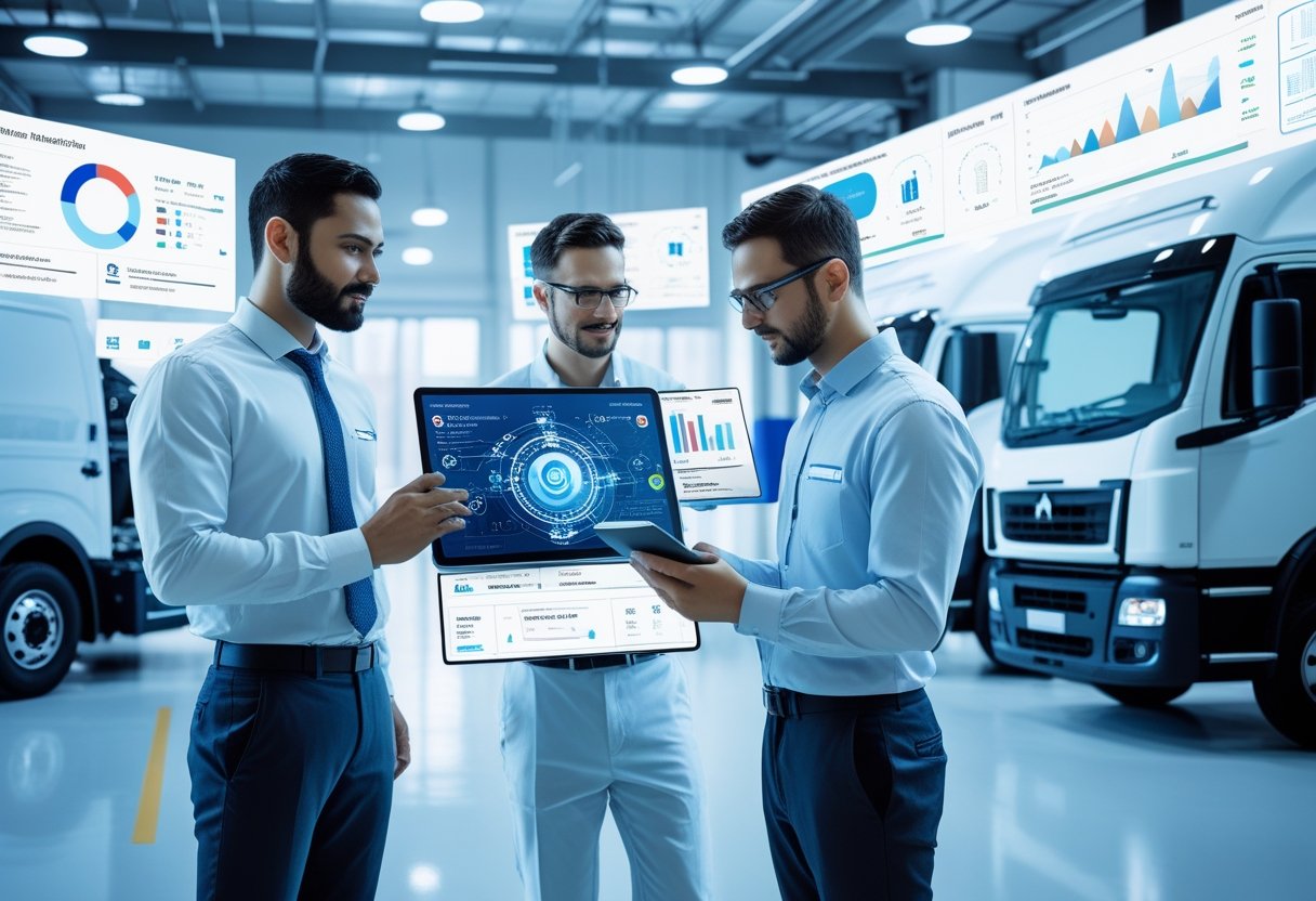 Engineers monitoring commercial vehicles using digital devices and diagnostic tools in a fleet maintenance facility.