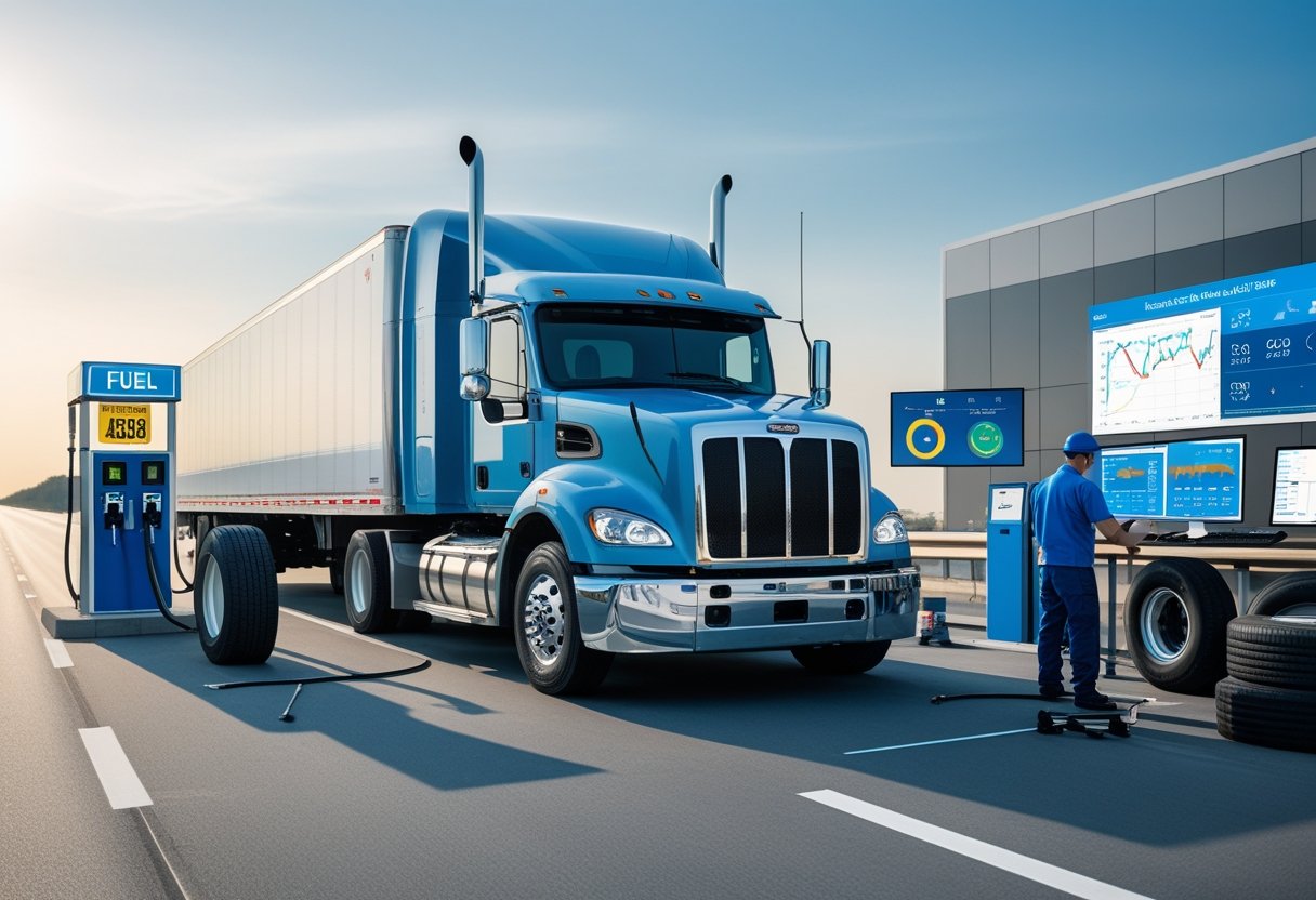 A large semi-truck on a highway with fuel pumps, a mechanic working on tires, a digital dashboard, and a logistics control center in the background.