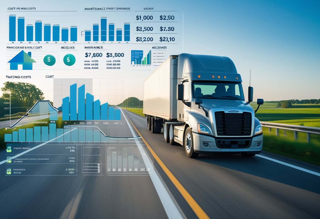 A semi-truck driving on a highway with financial charts and graphs overlaid, representing trucking costs per mile.