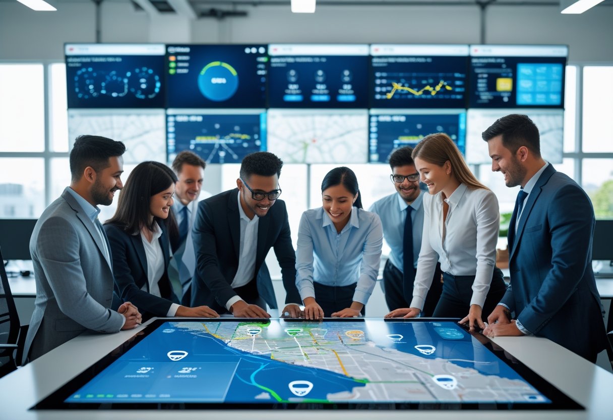 A team of professionals working together around a digital touchscreen table displaying a map with vehicle data in a modern office with large monitors showing fleet tracking information.