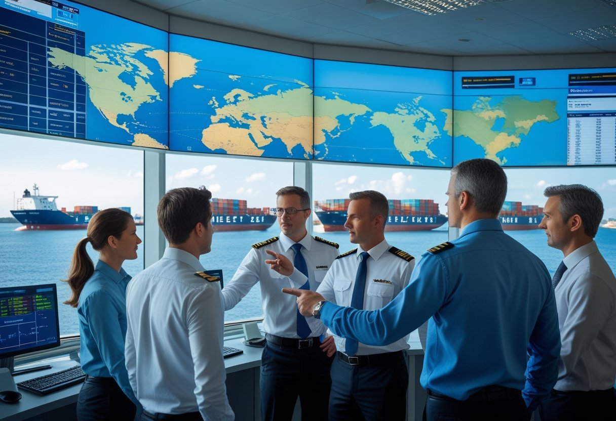 A team of maritime professionals in a control room monitoring ship routes and fleet status with cargo ships visible at a busy port outside the window.