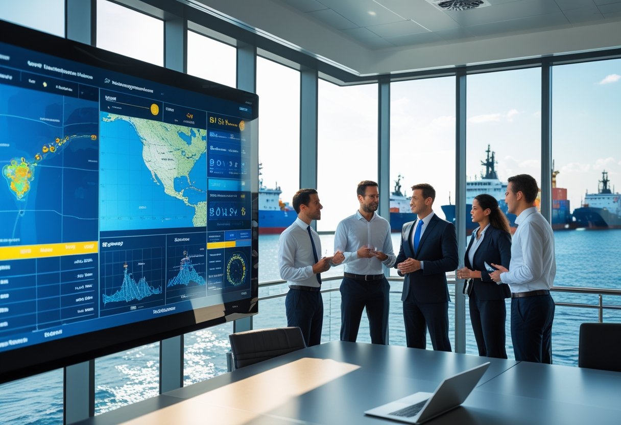 A group of maritime professionals reviewing digital maps and vessel data on a large touchscreen in a conference room overlooking the ocean with ships visible outside.