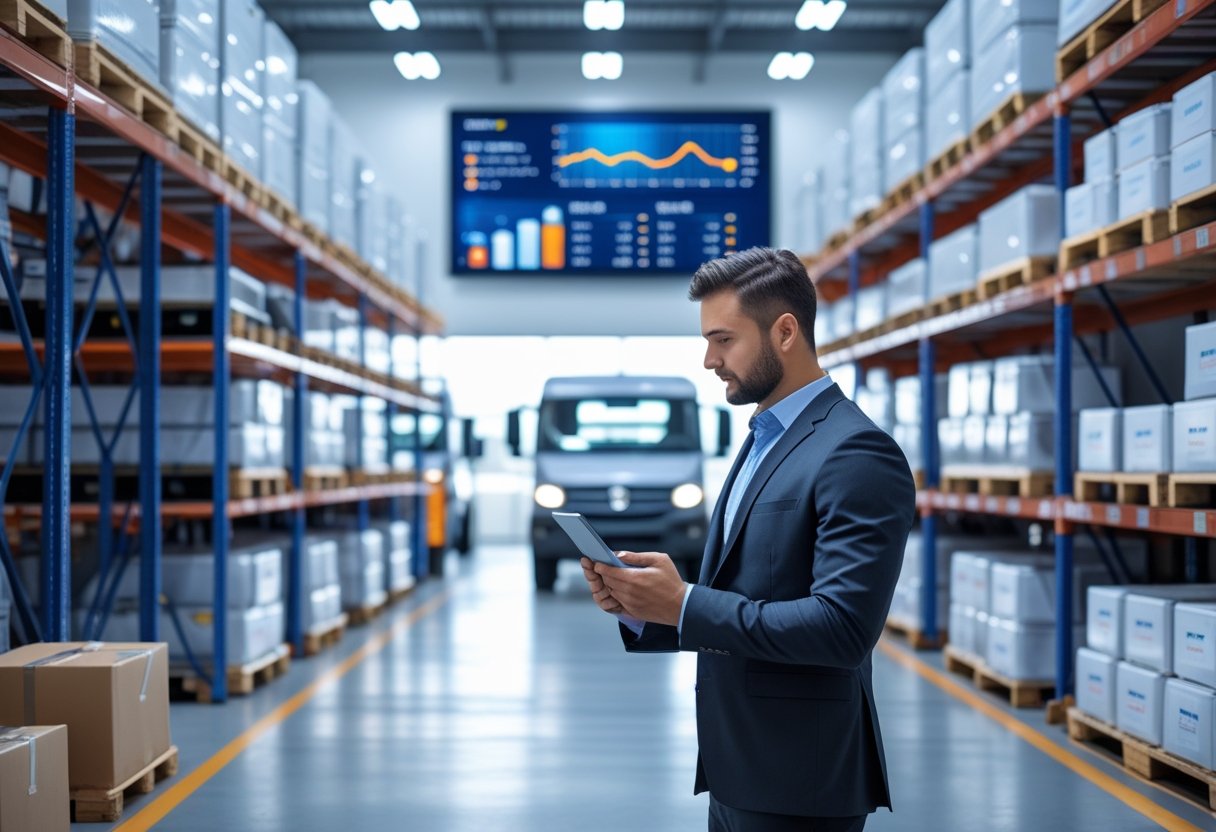 A person using a digital tablet in a warehouse with parked vehicles and organized inventory shelves.