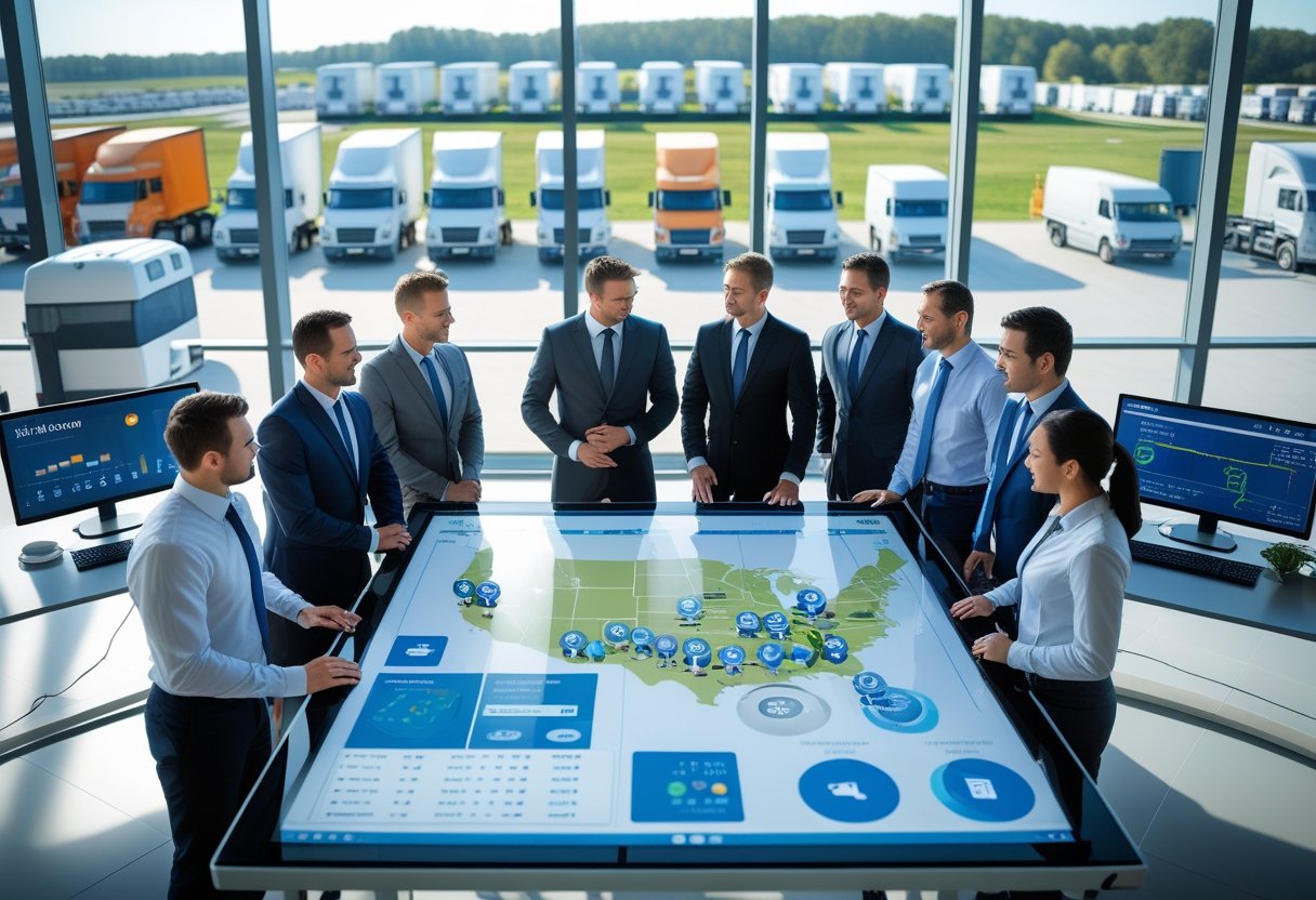 A team of logistics professionals working around a digital table with vehicle tracking data, with commercial vehicles parked outside a large window.