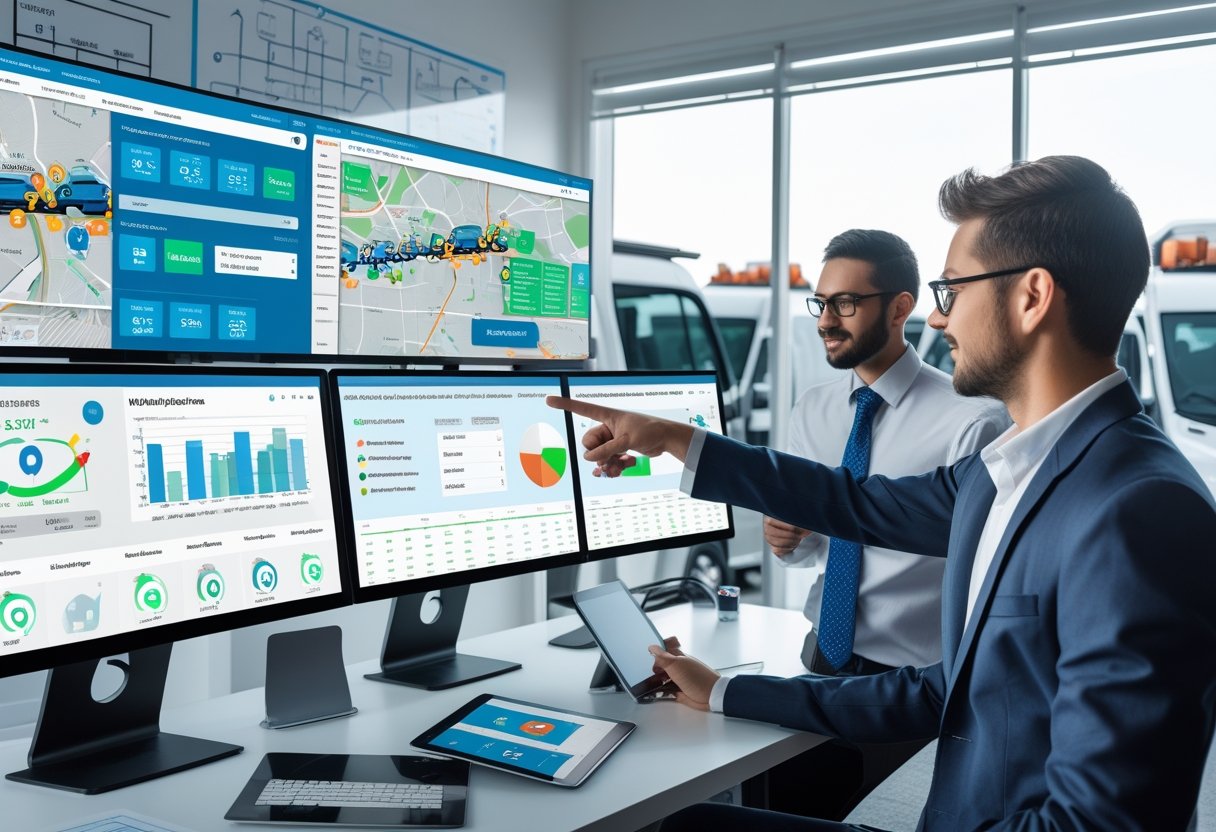 A team of professionals in an office analyzing digital maps and data on screens showing vehicle routes and fleet management information.