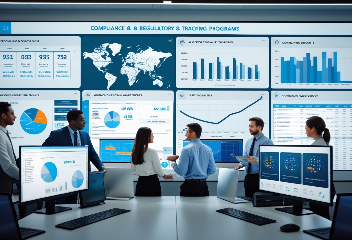A team of professionals working together in an office with digital screens showing fleet tracking maps and compliance data.