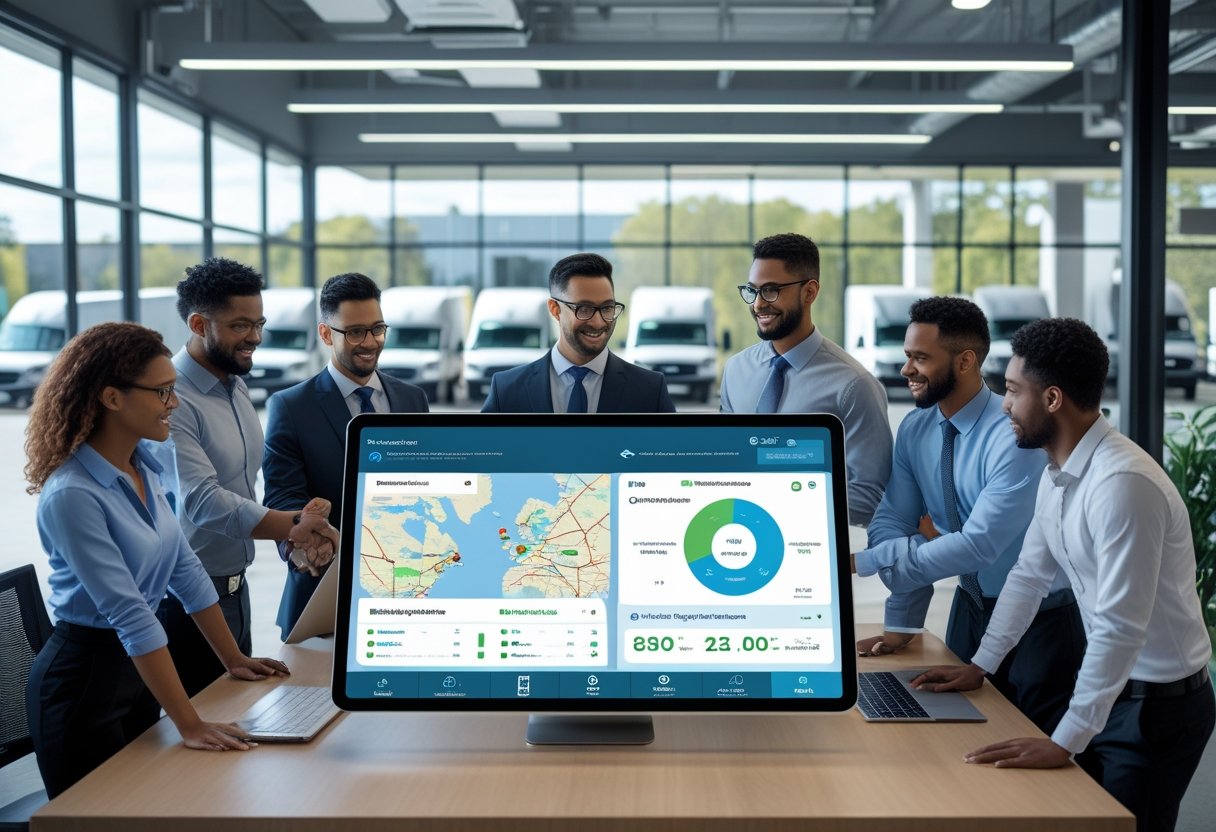 Small business professionals working around a digital table displaying fleet management data with delivery vehicles visible outside the office window.