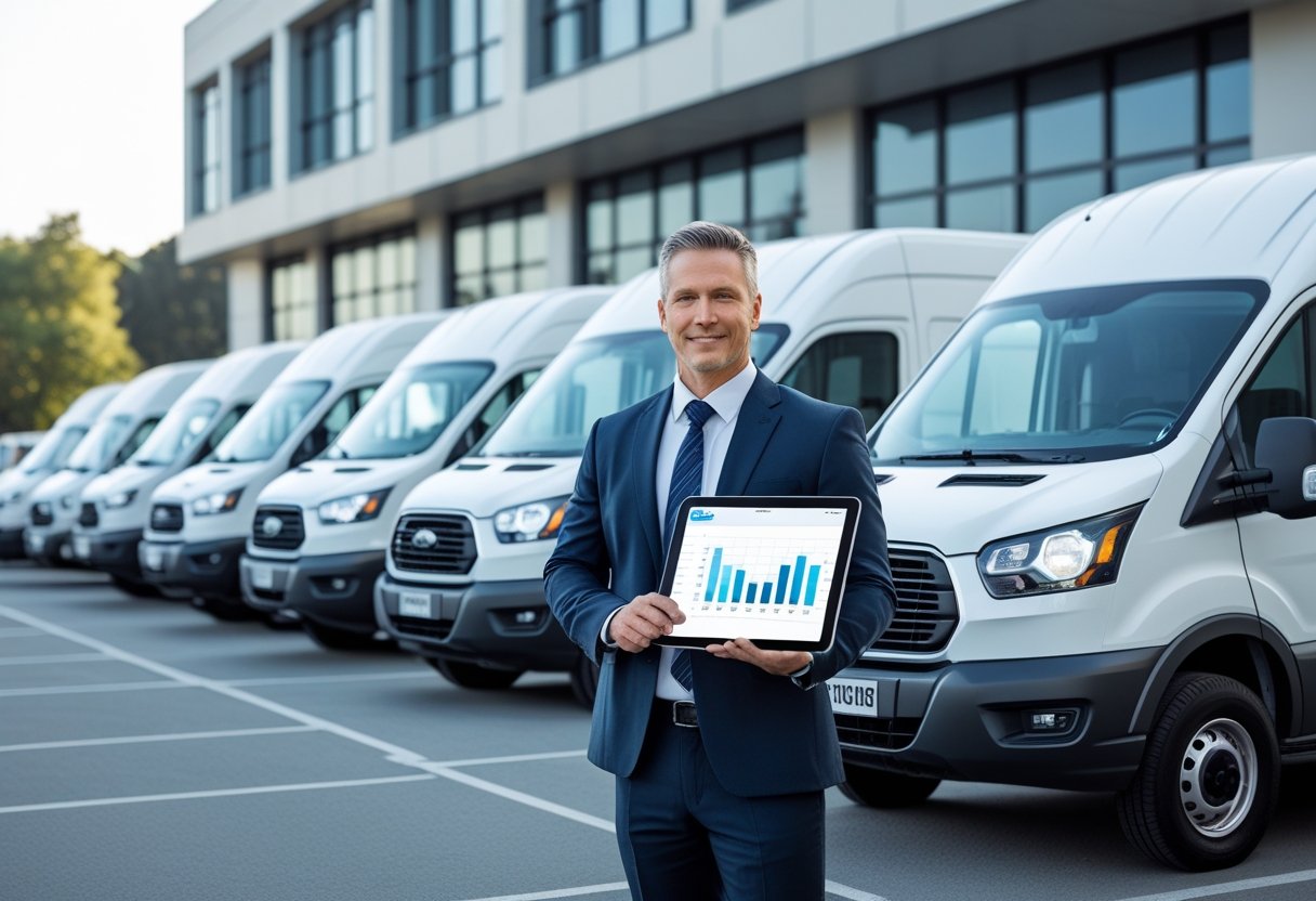 A small business owner stands next to a row of commercial vehicles holding a tablet with fleet management software, outside a modern office building.