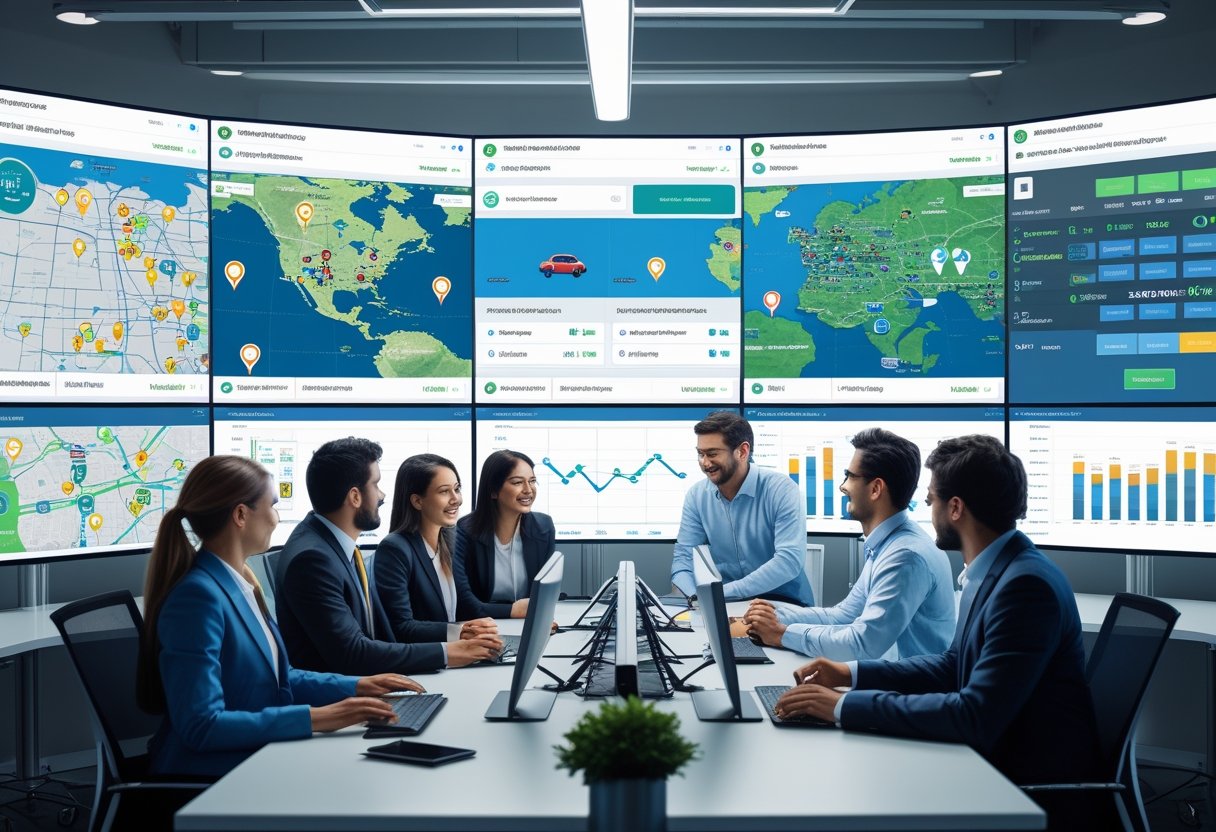 A team of professionals working together in a control room with multiple screens showing vehicle locations and data for fleet management.