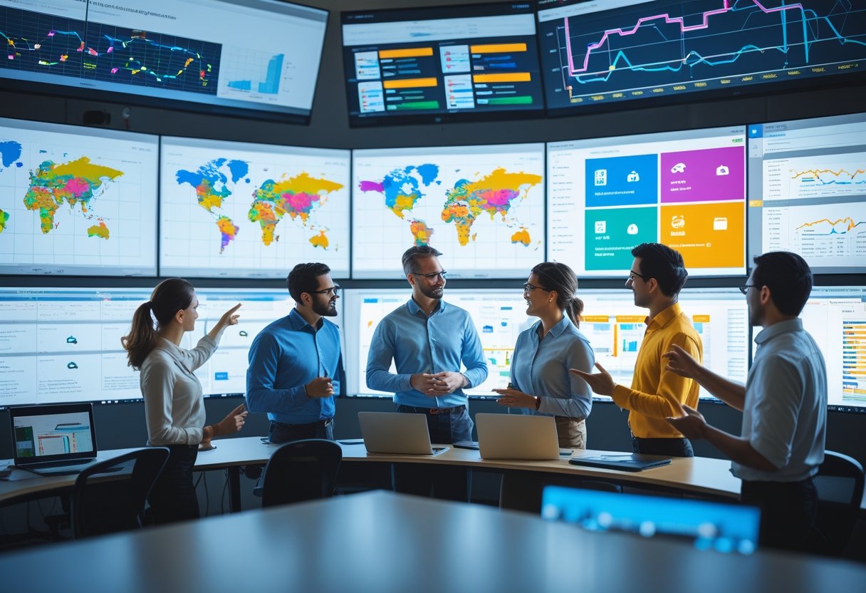 A team of professionals working together in a control room with large screens showing vehicle routes and data for fleet management.