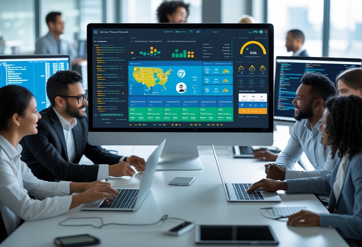 A team of professionals working together around a digital table displaying fleet management data and maps in a modern office.