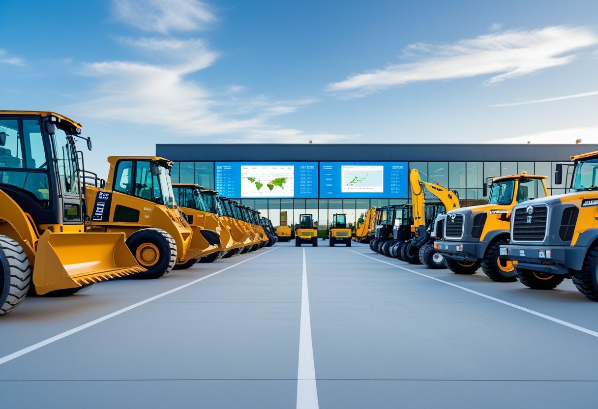 An outdoor industrial yard with various heavy machinery and vehicles organized in rows, and a fleet management control center visible in the background.