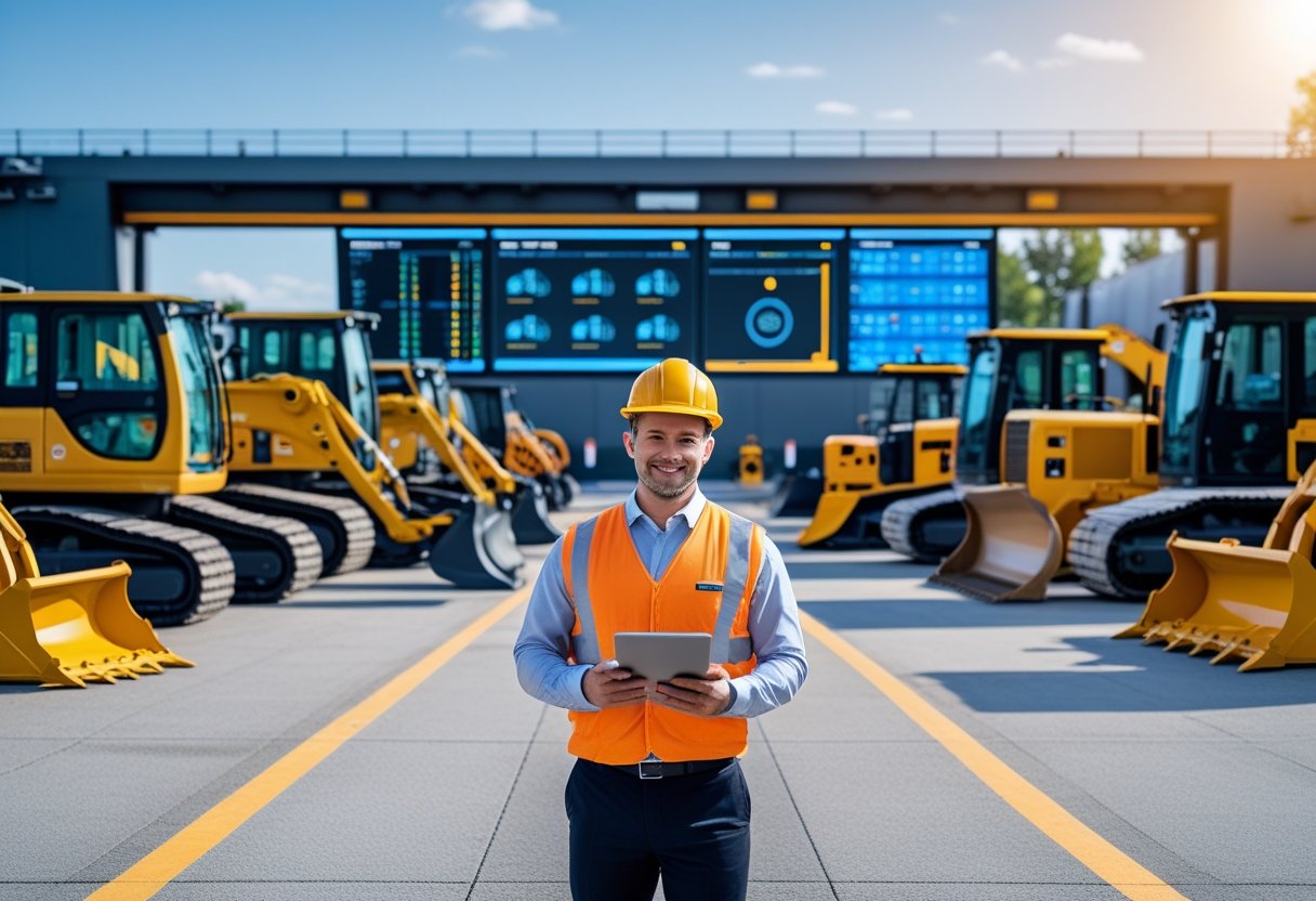 A fleet manager reviews digital tablets in front of a neatly arranged outdoor lot of heavy machinery and equipment with monitors showing data in the background.