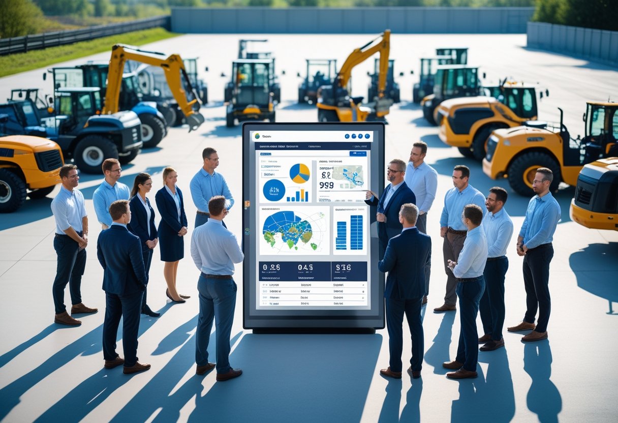 Professionals reviewing digital data on a touchscreen with heavy machinery and vehicles parked in an outdoor industrial yard behind them.