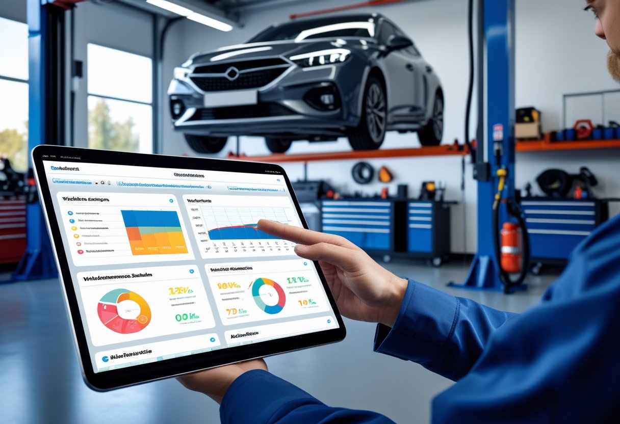 A mechanic in a workshop using a digital tablet to check vehicle maintenance information while a car is lifted in the background.