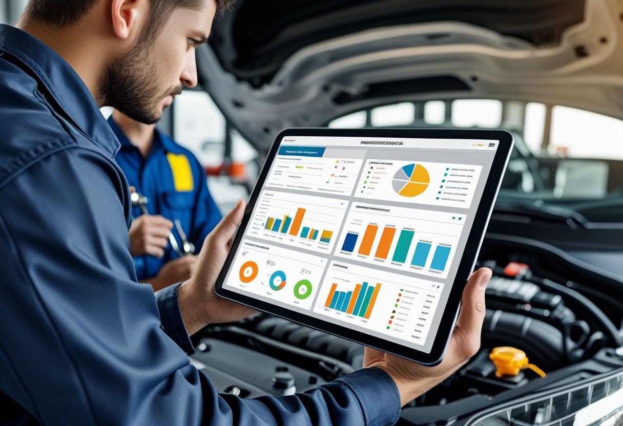A mechanic holding a tablet displaying vehicle maintenance software while inspecting a car engine in an auto repair shop.