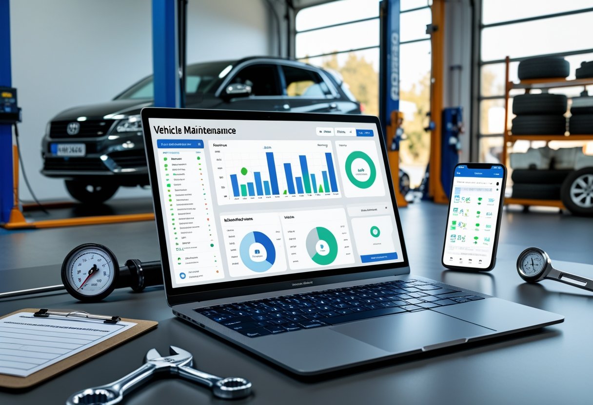 A workspace with a laptop showing vehicle maintenance software, automotive tools, and a car in a workshop in the background.