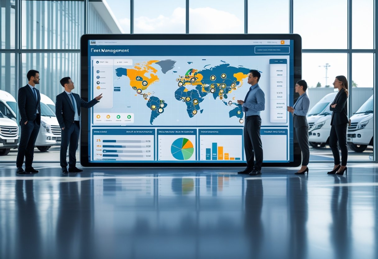 A team of professionals in an office reviewing a digital dashboard with vehicle tracking data, with company trucks visible outside through large windows.
