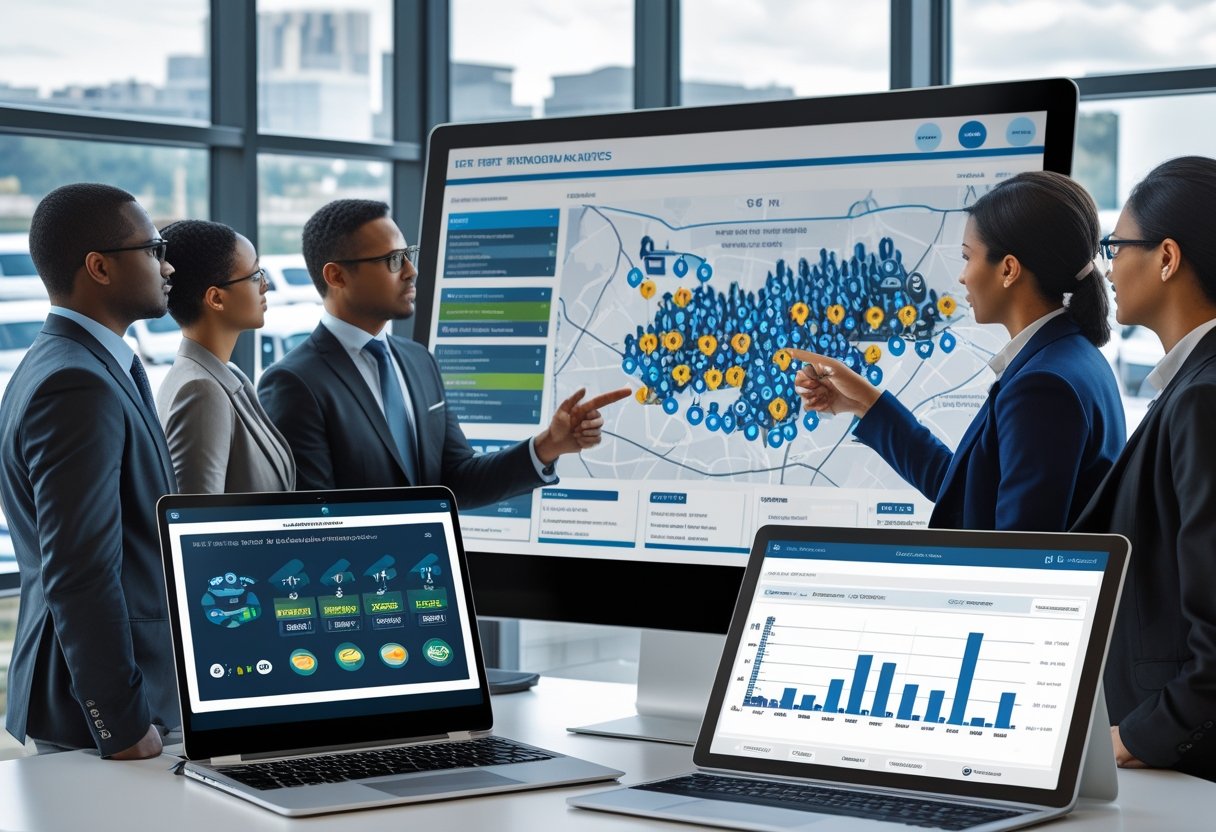 Business professionals in an office reviewing a digital map and data on fleet vehicles with delivery vans visible outside.