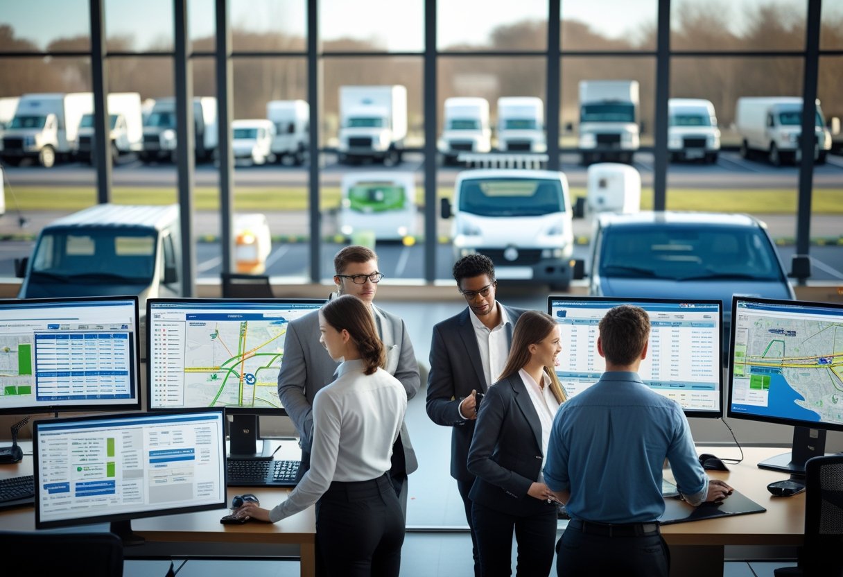 Office with professionals monitoring vehicle routes and tracking data on multiple screens, with a parking lot of commercial vehicles visible through large windows.