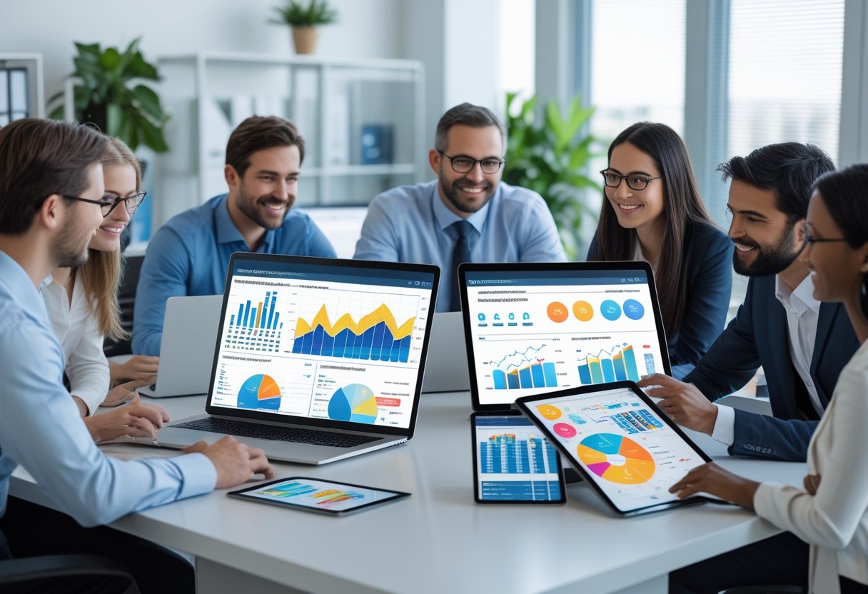 A group of professionals collaborating around a desk with laptops and tablets displaying maintenance tracking dashboards in a modern office.