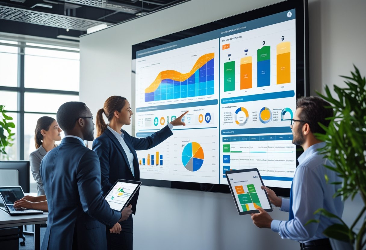 A group of professionals collaborating around a digital touchscreen displaying maintenance tracking dashboards in a modern office.
