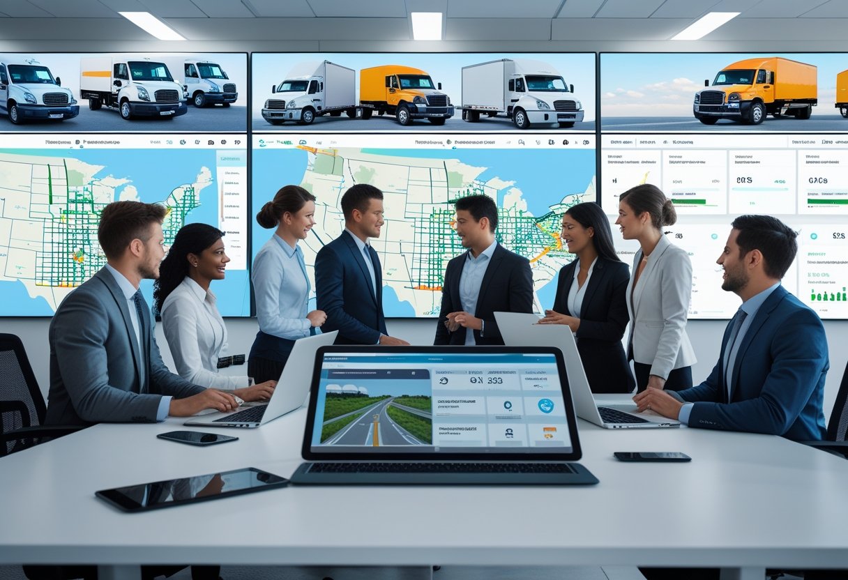A team of professionals collaborating around digital screens showing maps and vehicle data in an office setting.