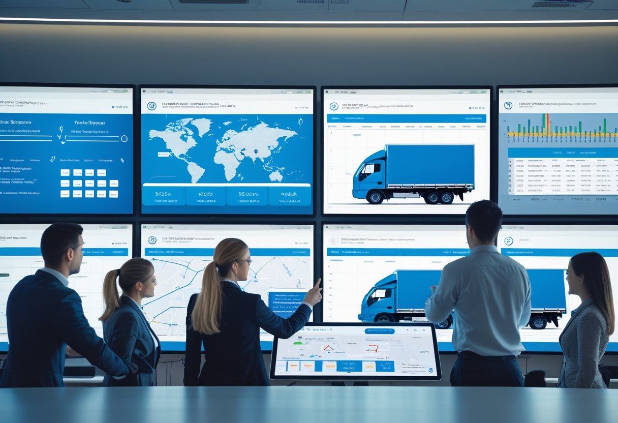 A team of professionals in an office analyzing fleet data on large digital screens with vehicles parked outside a window.