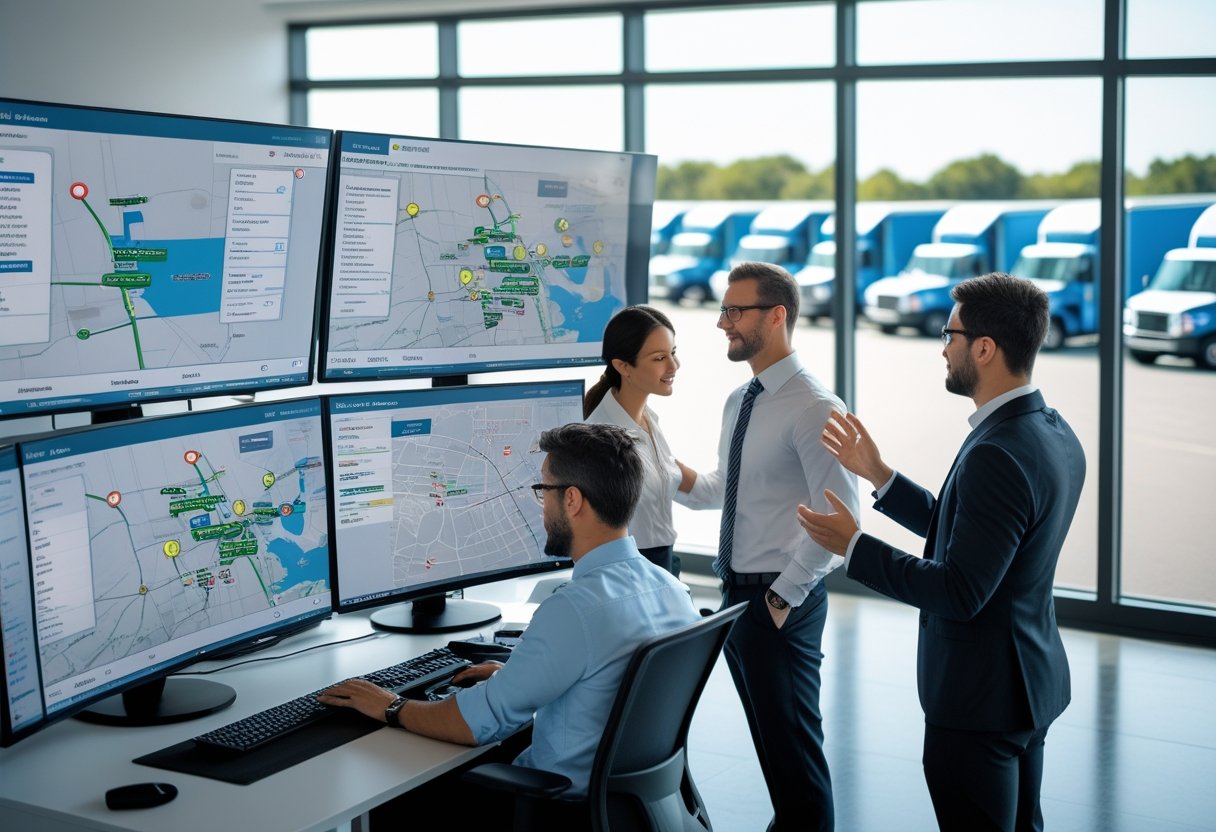 Office with professionals monitoring vehicle locations and routes on multiple computer screens, with trucks parked outside a window.