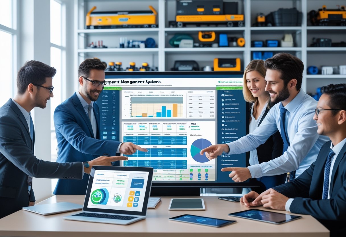 A group of professionals collaborating around a digital touchscreen displaying equipment data in an office with organized shelves of tools and equipment.