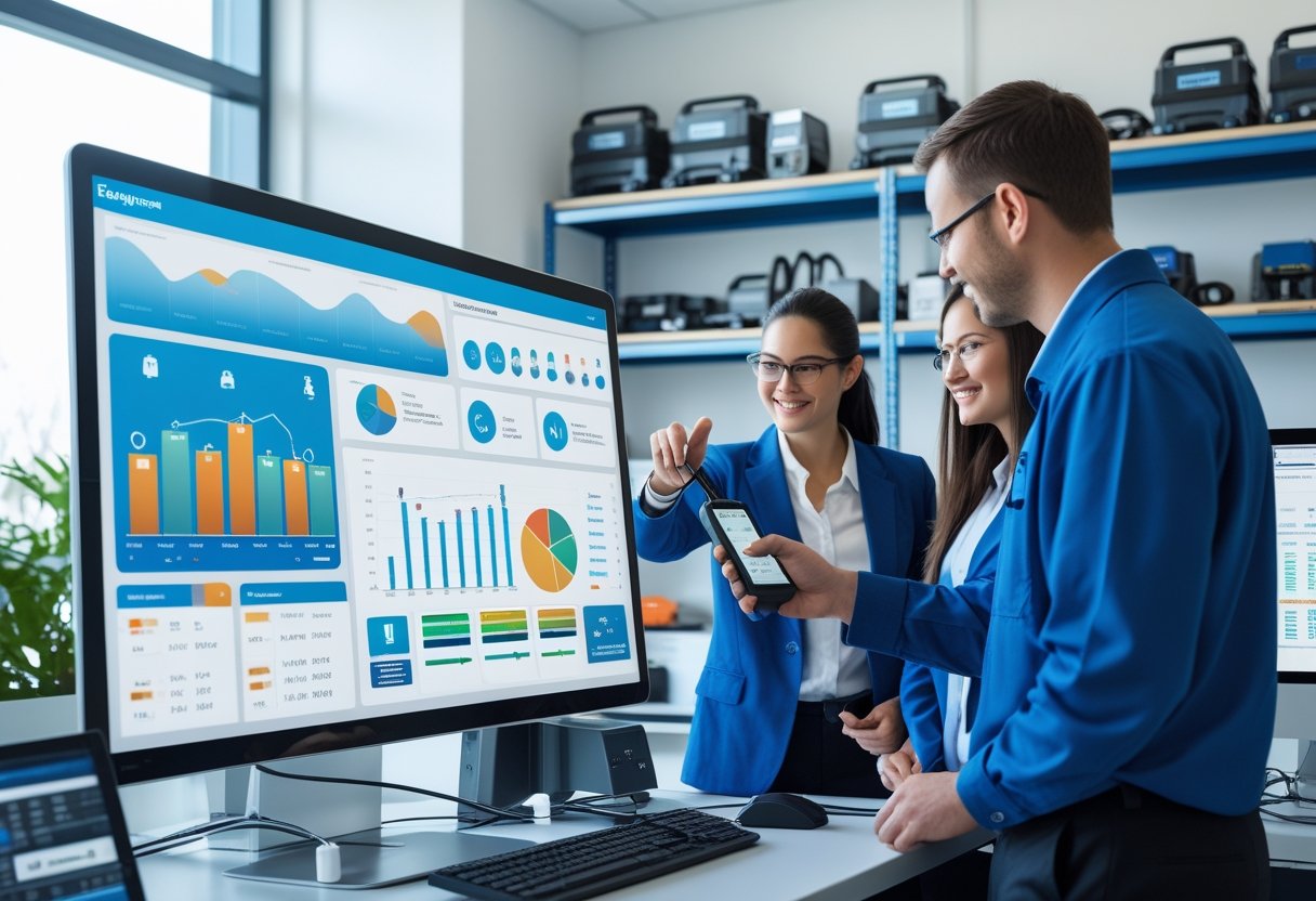 People using a touchscreen display and handheld scanner to manage equipment in an office with shelves of tools and a computer workstation.
