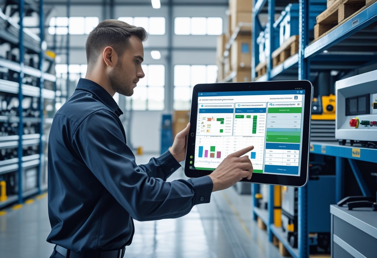 A person using a digital tablet to manage equipment in a well-organized industrial workspace with shelves and machinery.