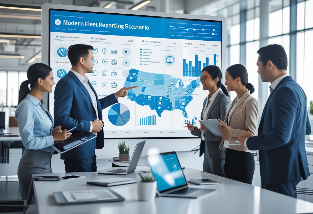 A group of professionals in an office reviewing fleet data on a large digital screen with maps and charts.