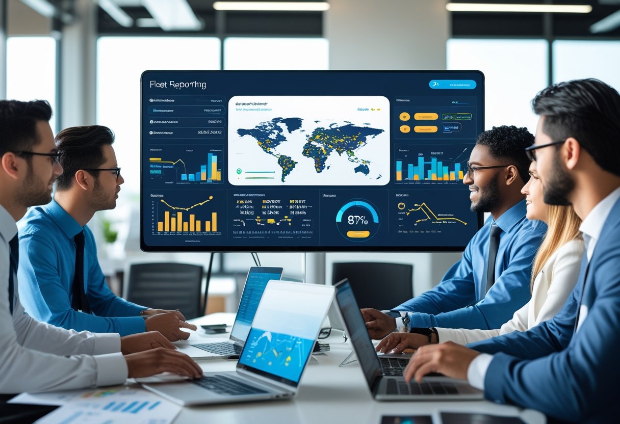 Business professionals analyzing fleet data on a large touchscreen display in a modern office.