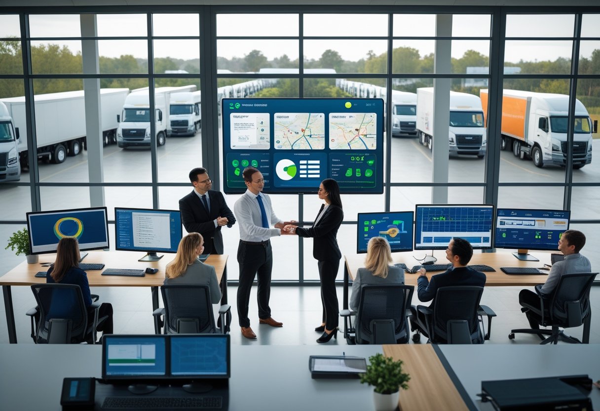 A team of professionals working in an office with digital maps and trucks visible outside through large windows.