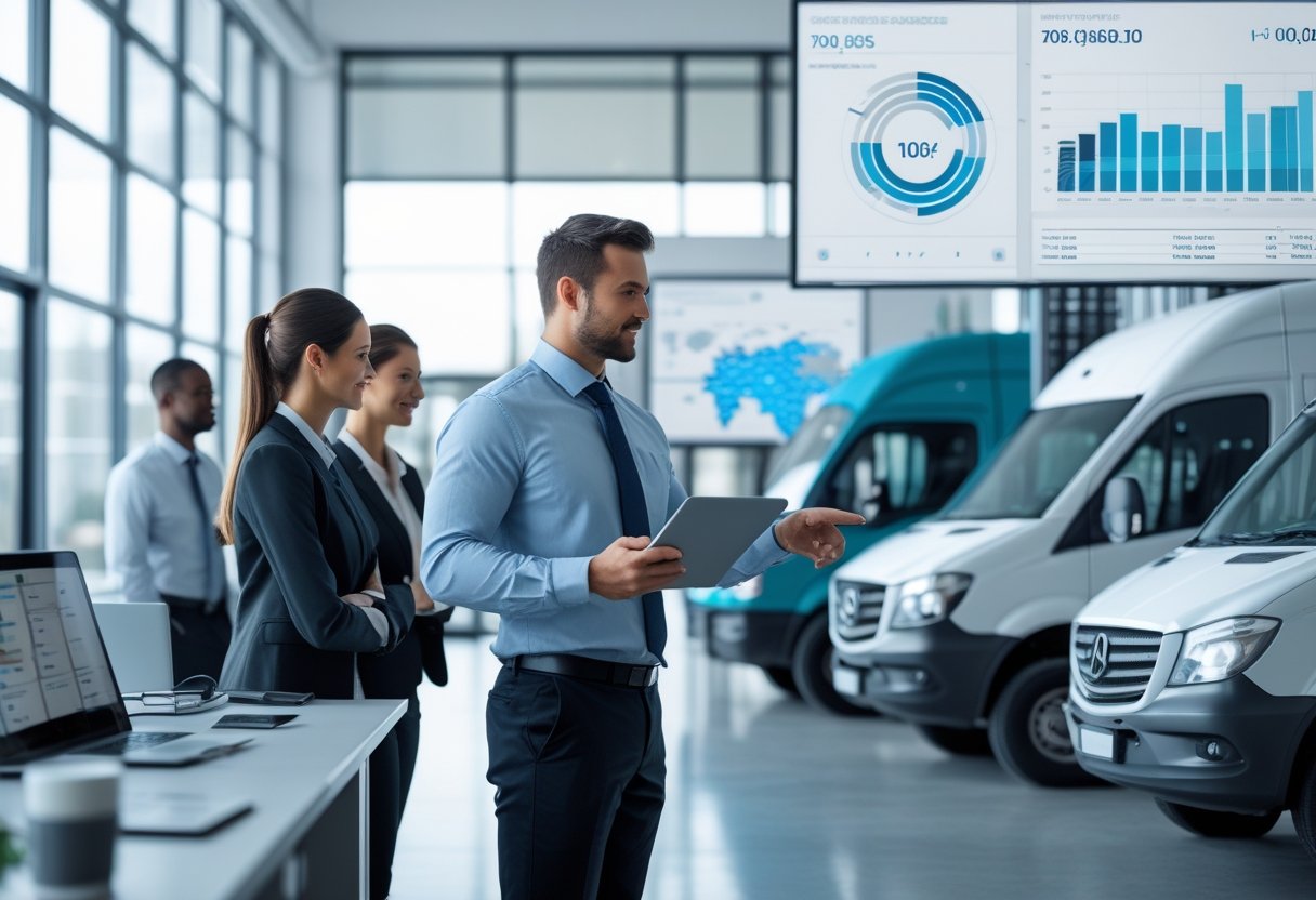 Business professionals in an office discussing fleet management with digital screens showing vehicle data and commercial vehicles visible outside.