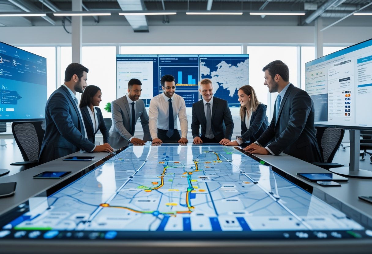 A team of professionals collaborating around a digital table showing vehicle routes and data in a modern office with large monitors displaying fleet tracking information.