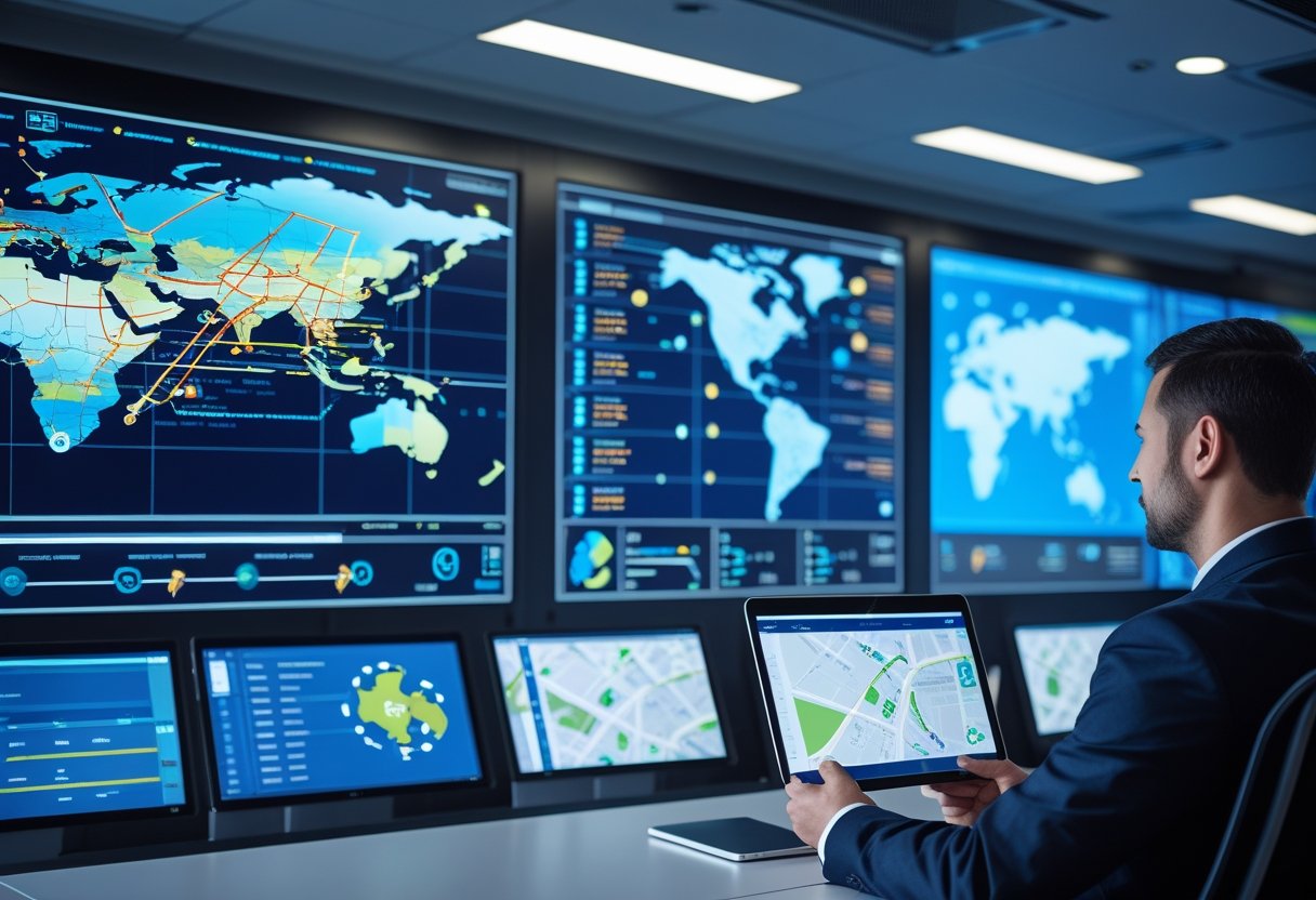 A person in a control room monitoring multiple digital screens showing live maps and vehicle tracking data.