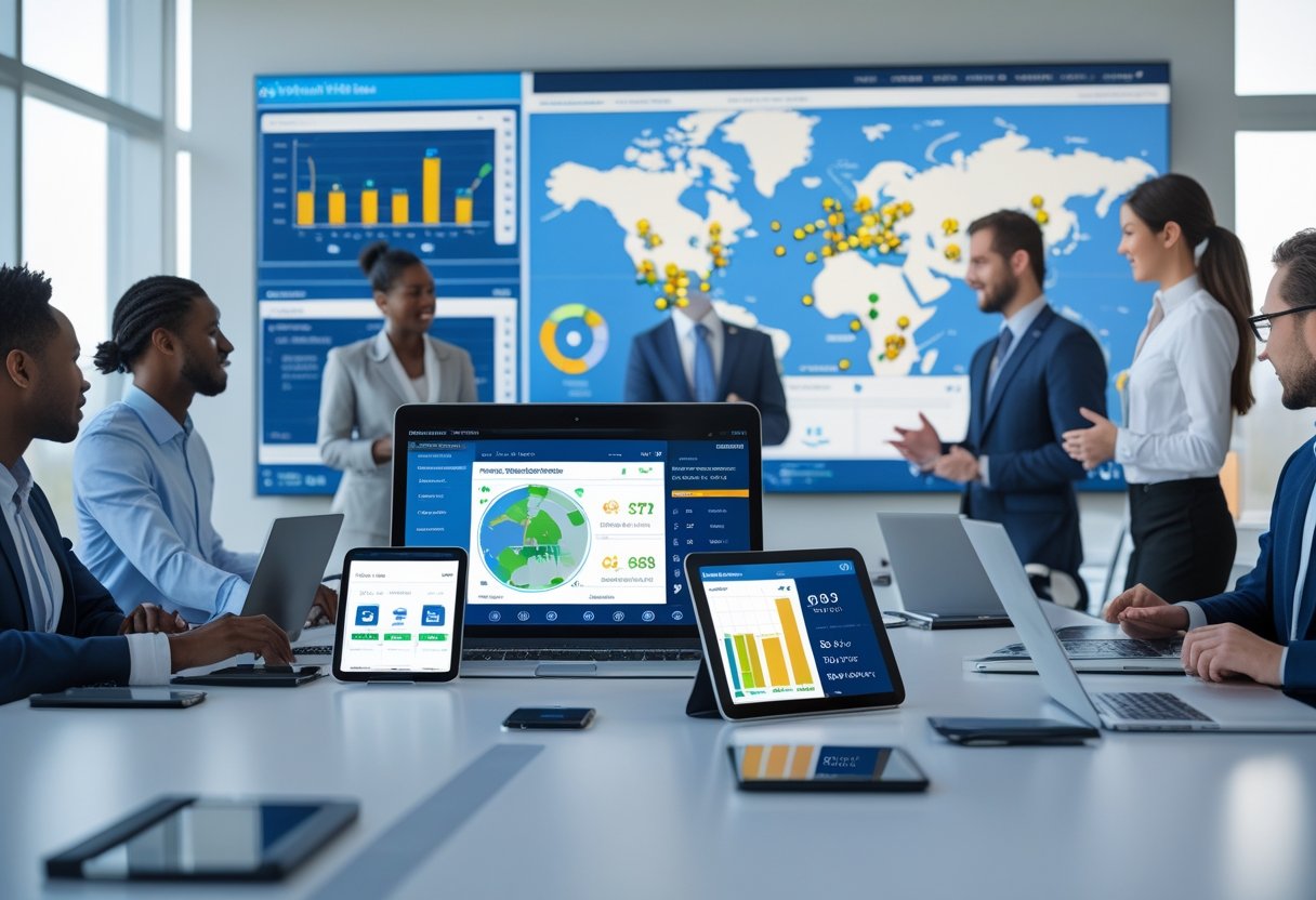 A team of professionals in an office using digital devices and large screens displaying maps and data for managing vehicle fleets.
