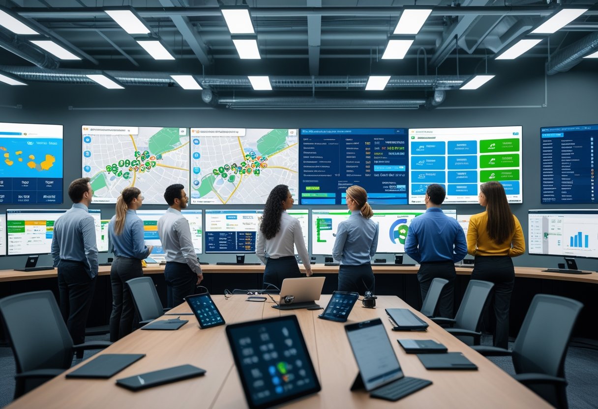 A team of professionals monitoring vehicle locations and data on large screens in a fleet management control room.
