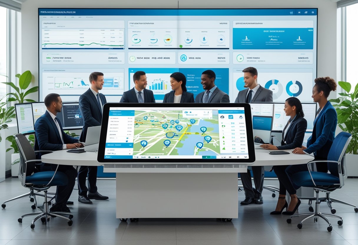 Business professionals in an office using digital tools and screens to monitor and manage vehicle fleets.