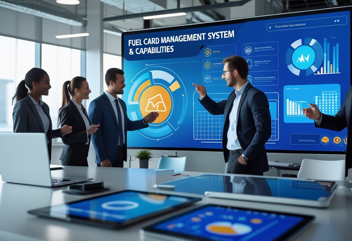 Business professionals collaborating around a digital touchscreen displaying icons and graphs related to fuel card management in a modern office setting.
