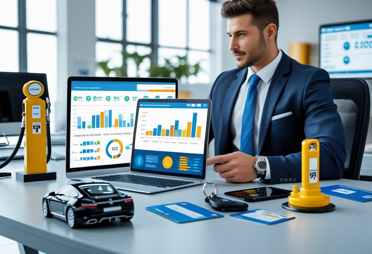 A business professional working at a desk with digital devices showing fuel expense data, surrounded by fuel-related objects in a bright office.