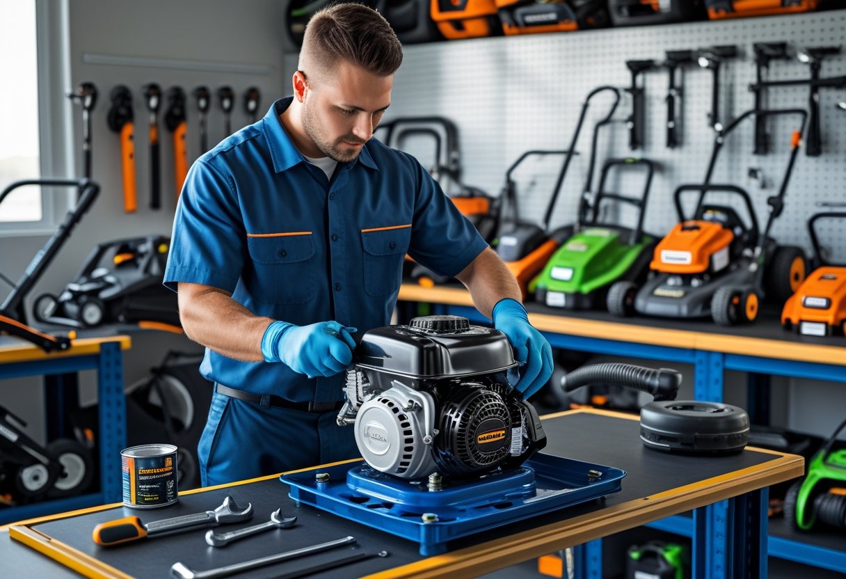 A technician repairing a lawn mower engine in a clean and organized landscaping equipment workshop.