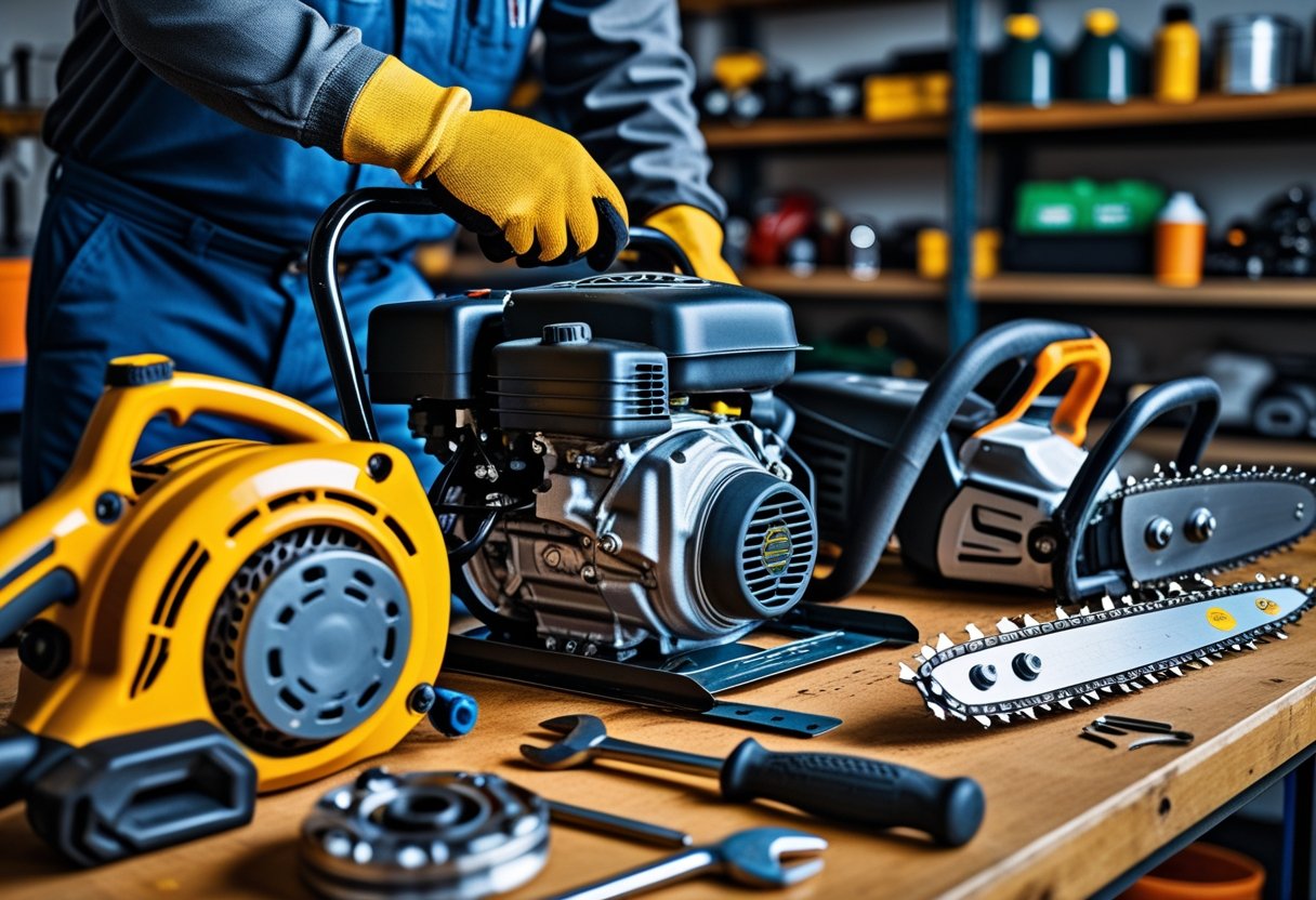 Mechanic repairing a lawn mower engine with tools on a workbench surrounded by landscaping equipment needing maintenance.